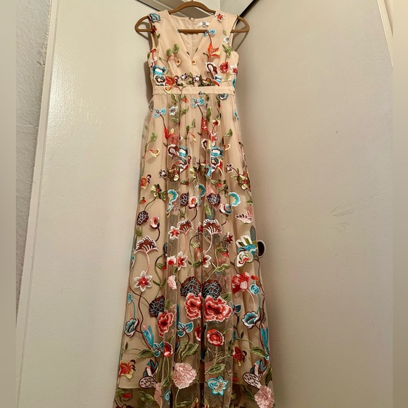 True Decadence Dresses & Skirts - Naked dress.  Beige Maxi Dress with Multicolor Floral Embroidery